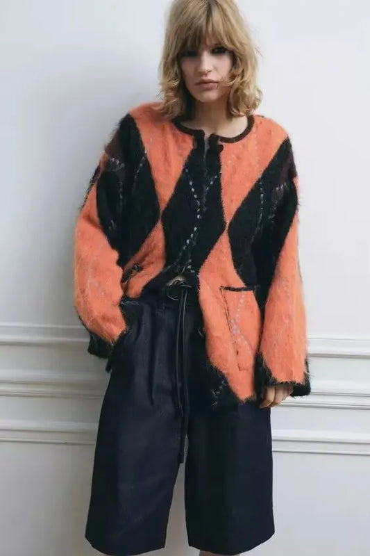 Jacquard Round Neck Long Sleeve Cardigan