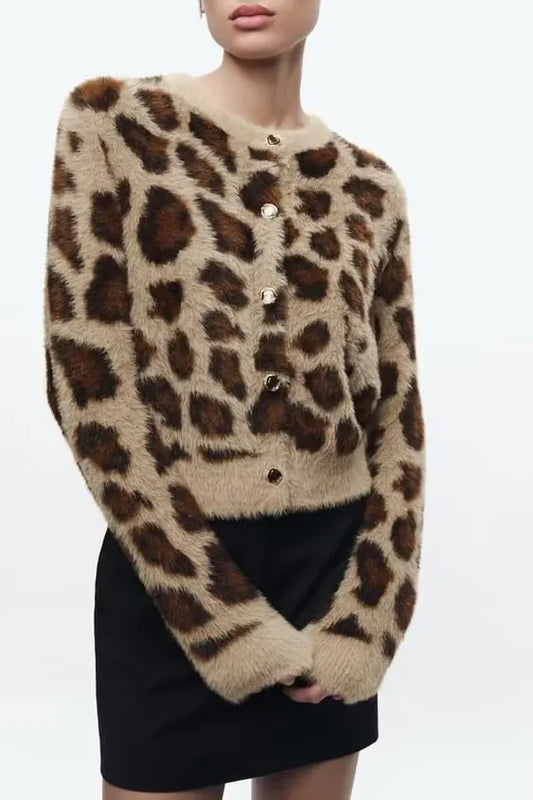 Jacquard Artificial Fur Leopard Pattern Cardigan