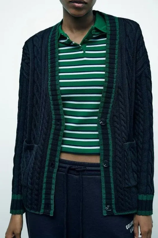 Lazy Style Contrasting V-neck Cardigan