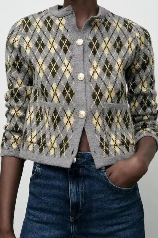 Diamond Pattern Round Neck Knitted Cardigan