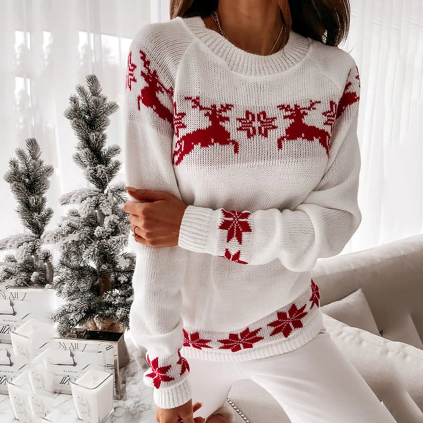 Knitted Round Neck Casual Long Sleeve Christmas Deer Jumper Christmas Sweater