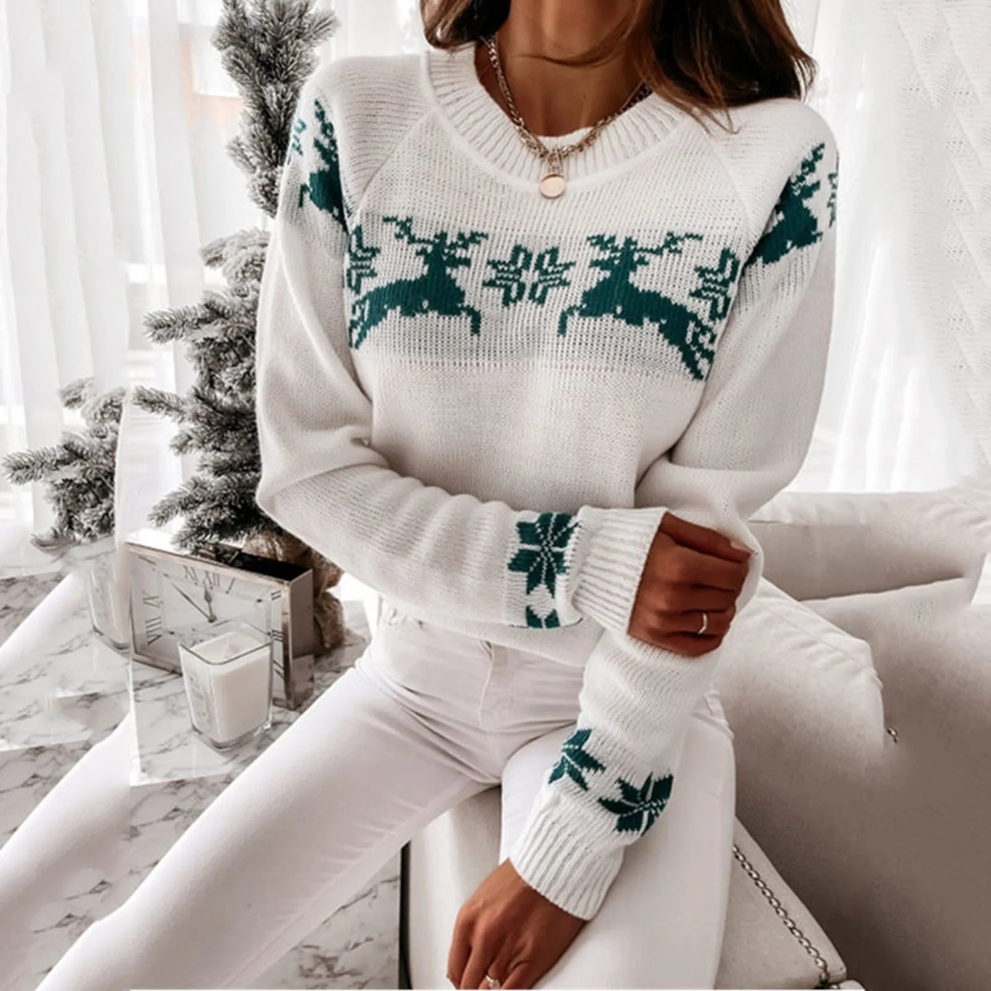 Knitted Round Neck Casual Long Sleeve Christmas Deer Jumper Christmas Sweater