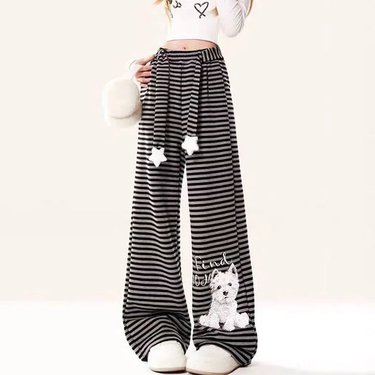 Dog Print Striped Fleece Casual Pants