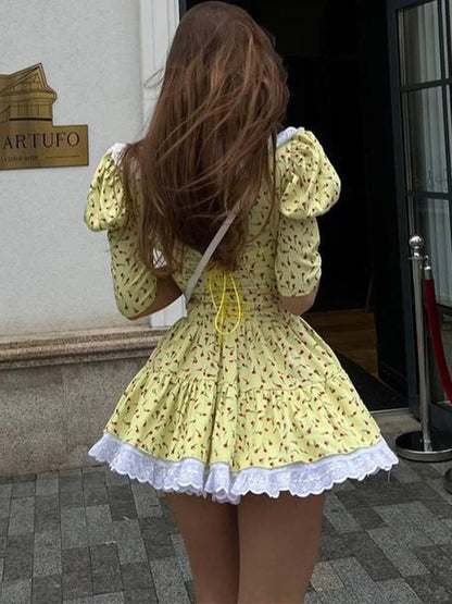 Lace-up Slim Luxury Lace Turn Collar Short Sleeve Folds es Femme Party Retro Lady Floral Dress