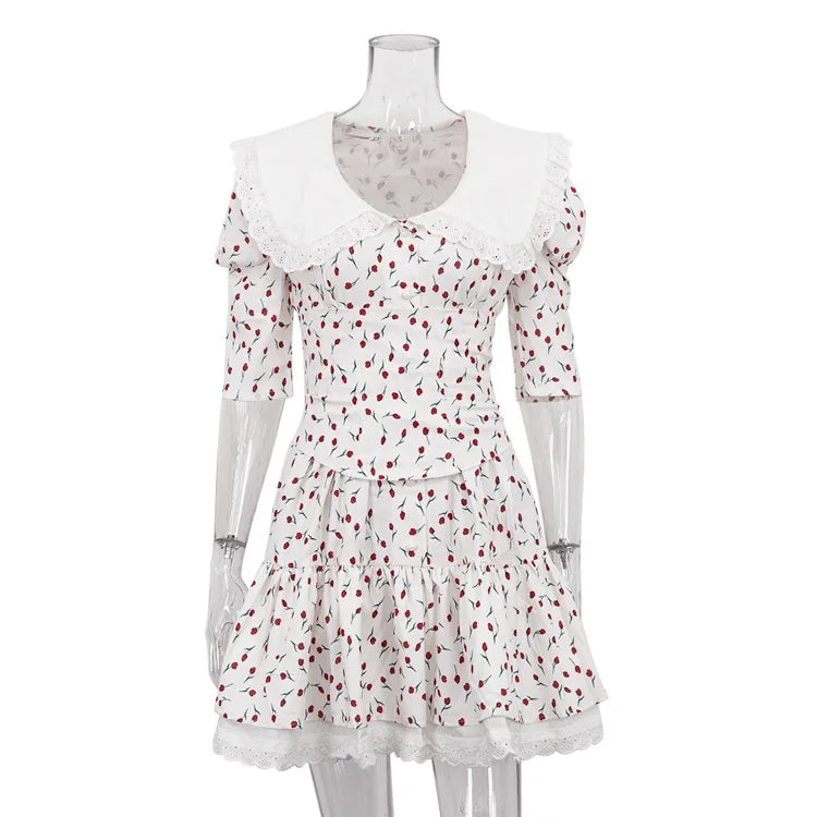 Lace-up Slim Luxury Lace Turn Collar Short Sleeve Folds es Femme Party Retro Lady Floral Dress