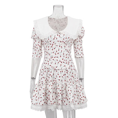 Lace-up Slim Luxury Lace Turn Collar Short Sleeve Folds es Femme Party Retro Lady Floral Dress