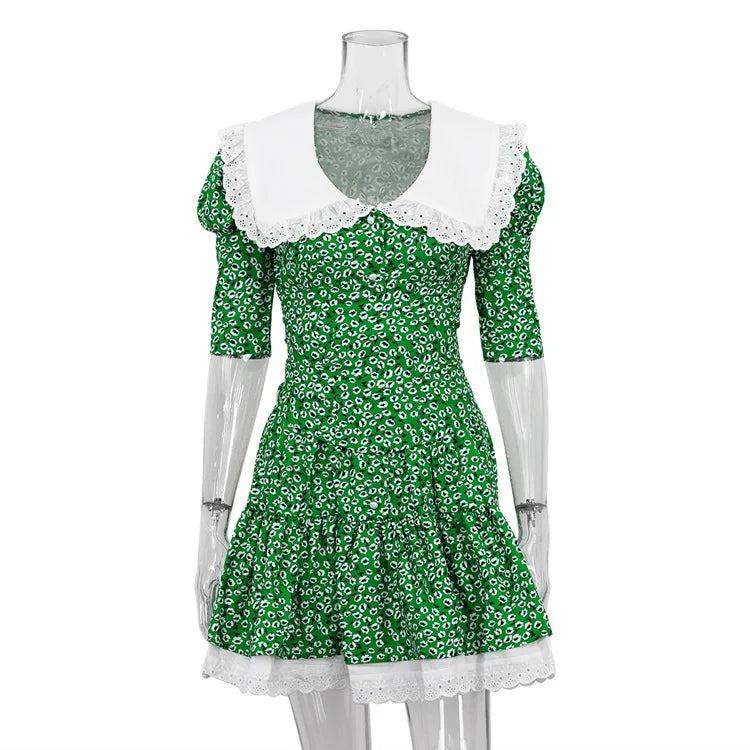 Lace-up Slim Luxury Lace Turn Collar Short Sleeve Folds es Femme Party Retro Lady Floral Dress