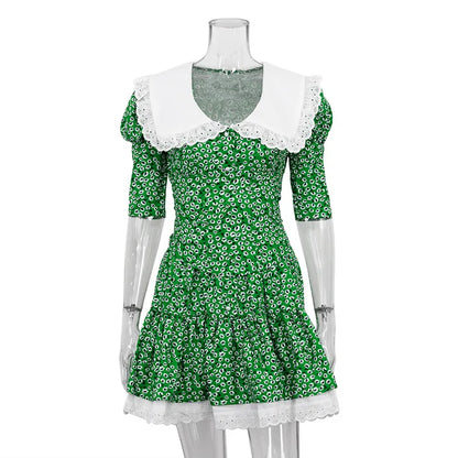 Lace-up Slim Luxury Lace Turn Collar Short Sleeve Folds es Femme Party Retro Lady Floral Dress