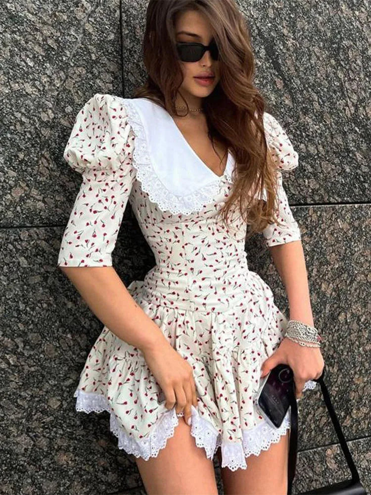 Lace-up Slim Luxury Lace Turn Collar Short Sleeve Folds es Femme Party Retro Lady Floral Dress