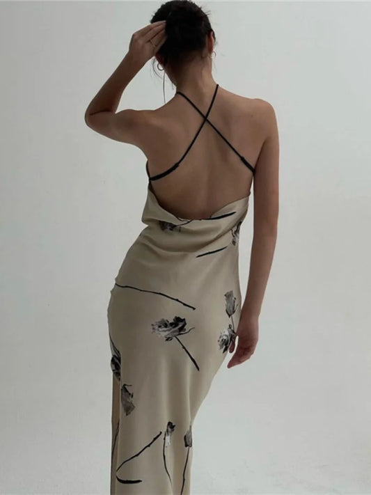 Summer Print Long Halter Backless Satin Split es Women 2024 Hot Vestidos Floral Dress