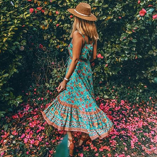 Boho Strap Dresses Gypsy Sleeveless Rayon Floral Print Maxi Dress