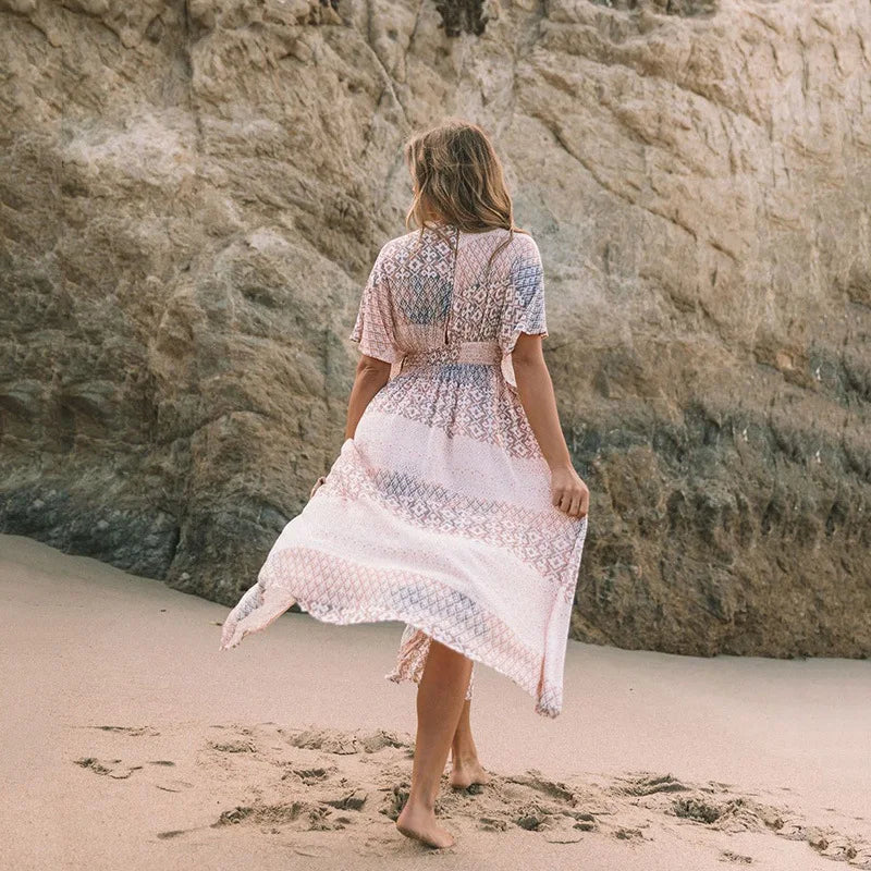 Floral Print Smock Frock Bikini Cover-Up bohodress-250126