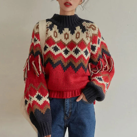 Vintage Warm Jacquard Knit Boho Tassel Christmas Christmas Sweater