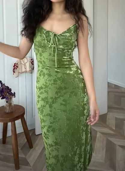 Vintage Green Velvet Burnt Flower Long Strap Backless Sleeveless Boho Christmas Party Dress