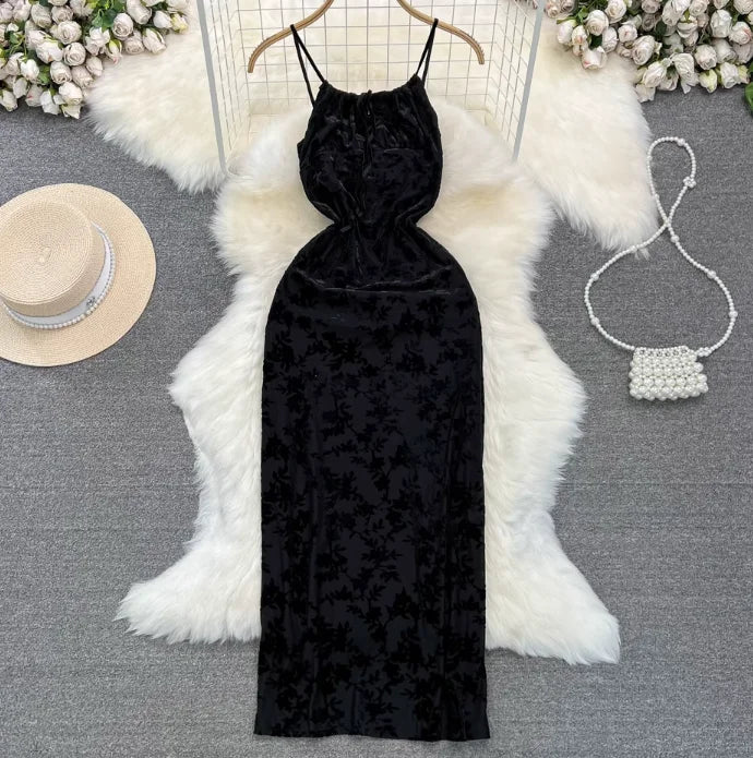 Vintage Green Velvet Burnt Flower Long Strap Backless Sleeveless Boho Christmas Party Dress Black /