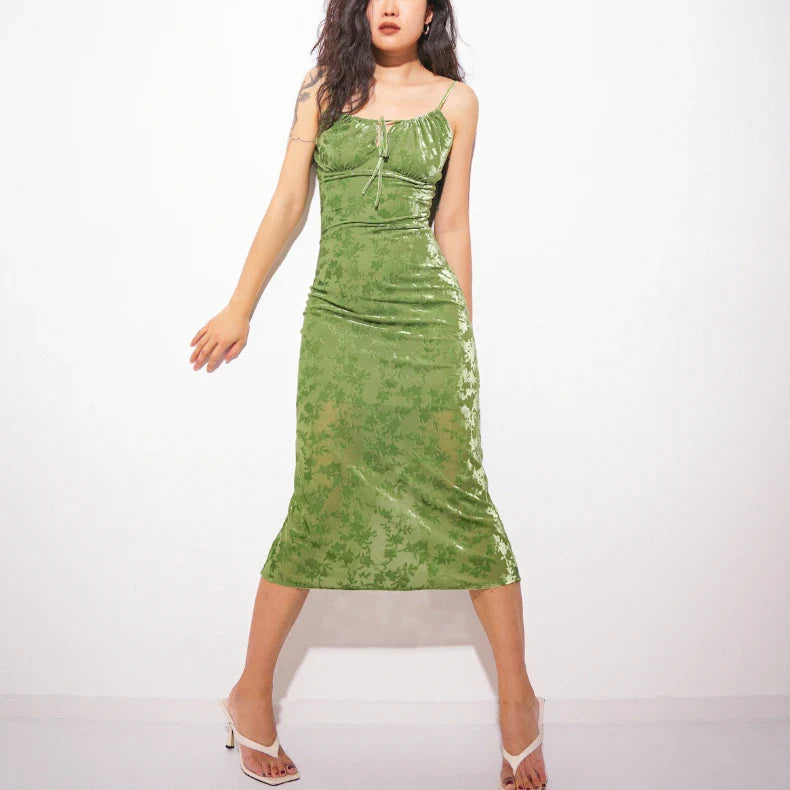 Vintage Green Velvet Burnt Flower Long Strap Backless Sleeveless Boho Christmas Party Dress