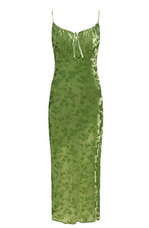 Vintage Green Velvet Burnt Flower Long Strap Backless Sleeveless Boho Christmas Party Dress / S