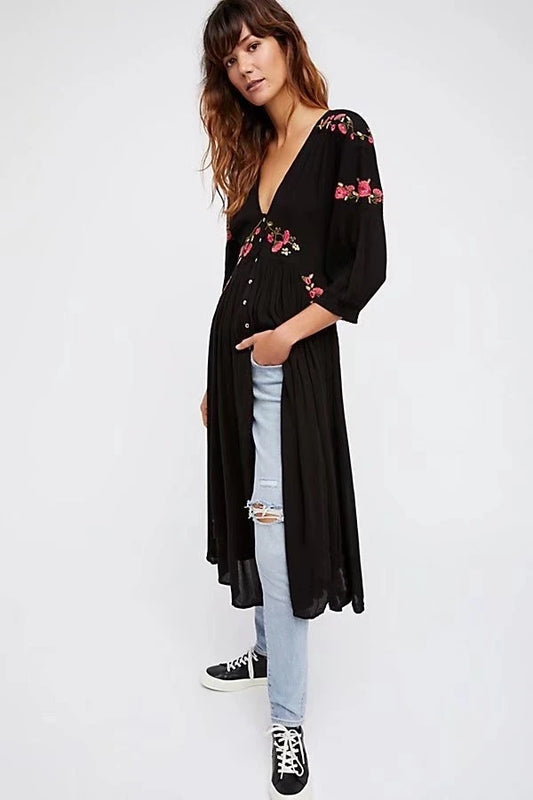 Black Boho Long Dress Floral Embroidery V-neck Hippie Casual Dress