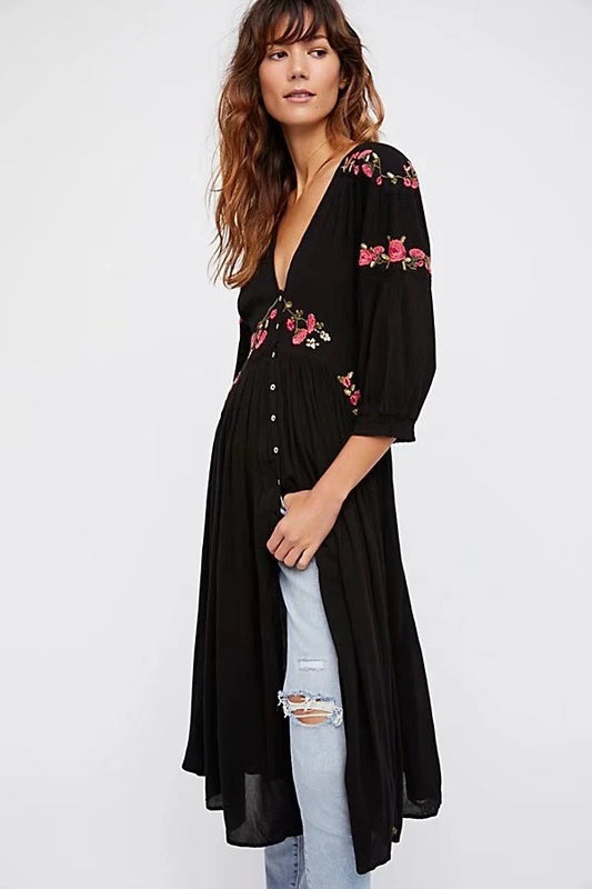 Black Boho Long Dress Floral Embroidery V-neck Hippie Casual Dress