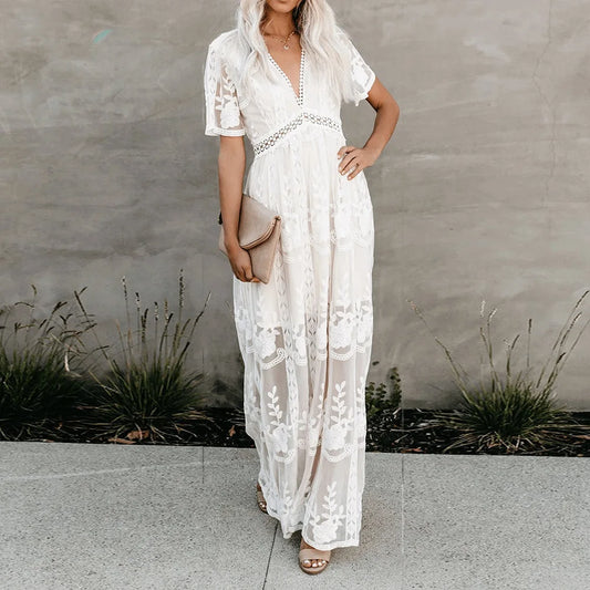 Lace Maxi Dress Vintage White Deep V-neck Summer Dress WHITE / S bohodress-250126