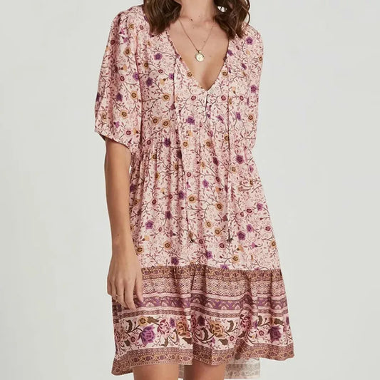 Pink Floral Print Robe A-line Mini Dress Women Beach Boho Summer Dress