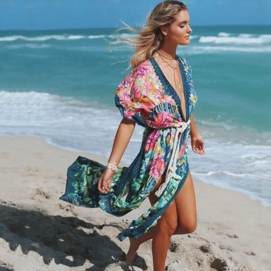 Sexy Side Split Beach Kaftan Tunic Boho Floral Print Summer Dress