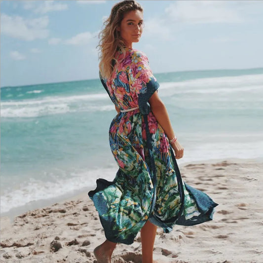 Sexy Side Split Beach Kaftan Tunic Boho Floral Print Summer Dress