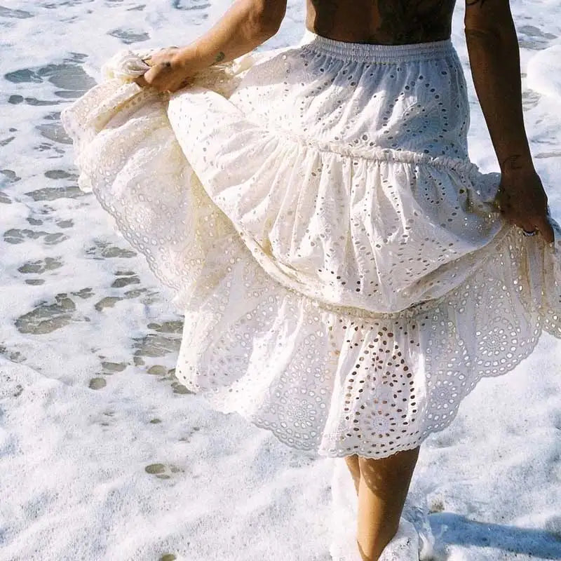 Embroidery High Waist Boho Skirt WHITE / One Size skirts-250223