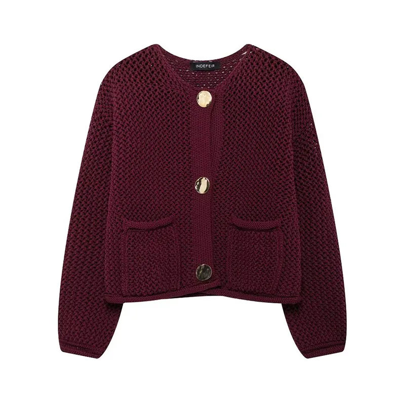 Vintage Stylish Cozy Cropped Wine Red Knitted Button Pocket Christmas Sweater