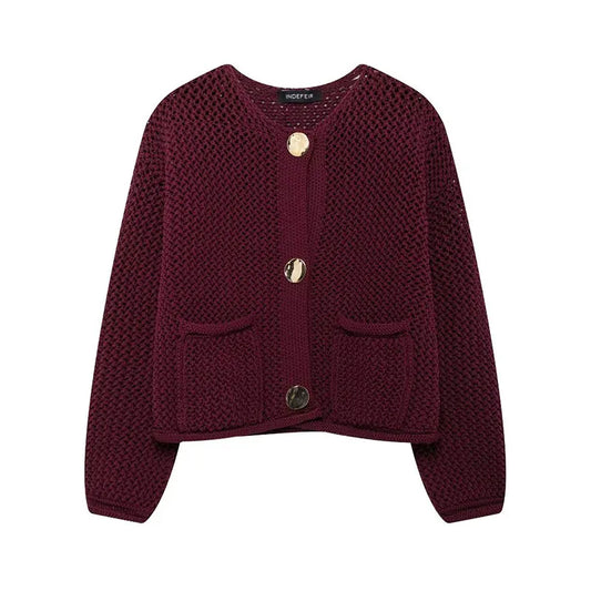 Vintage Stylish Cozy Cropped Wine Red Knitted Button Pocket Christmas Sweater