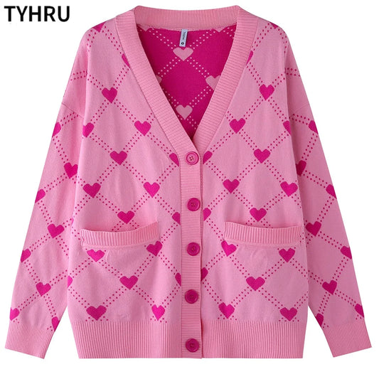 Heart Pattern V-Neck Loose Pockets Knit Cardigan