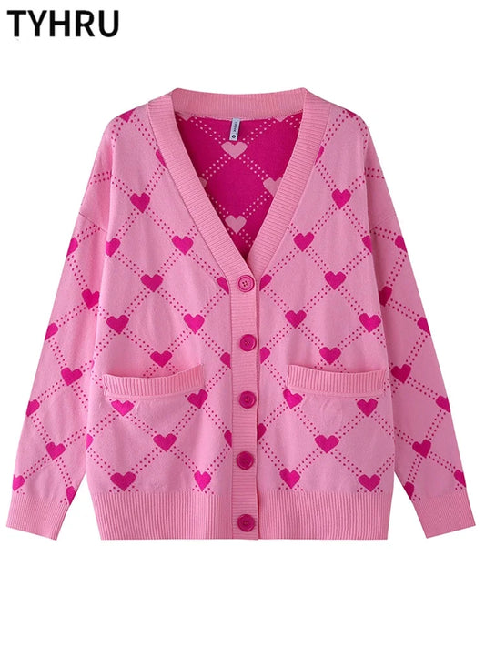 Heart Pattern V-Neck Loose Pockets Knit Cardigan