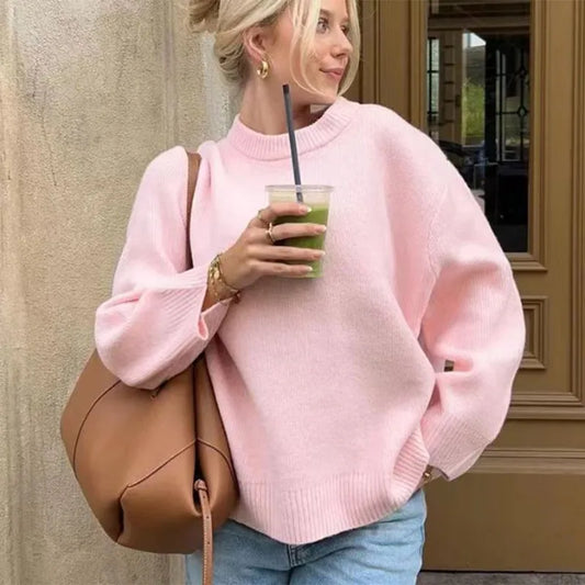 Pink O-neck Loose Casual Pullover Sweater