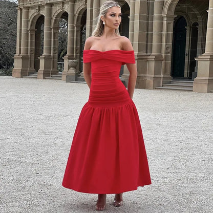 Elegant Backless Patchwork Long Red Sleeveless Bandeau Solid Pleated Wide Skirt Christmas Party Dress