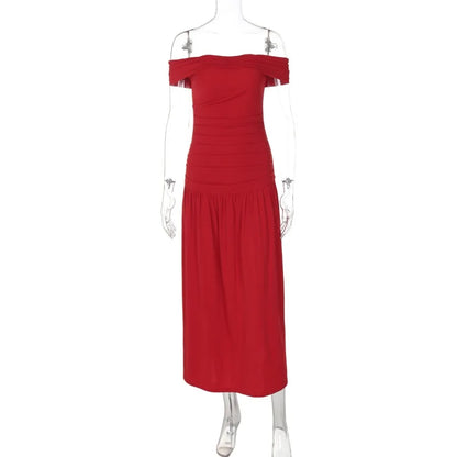 Elegant Backless Patchwork Long Red Sleeveless Bandeau Solid Pleated Wide Skirt Christmas Party Dress