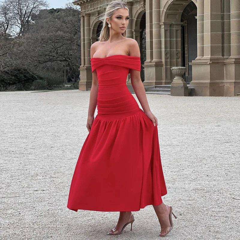 Elegant Backless Patchwork Long Red Sleeveless Bandeau Solid Pleated Wide Skirt Christmas Party Dress