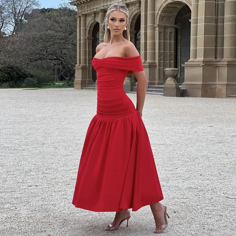 Elegant Backless Patchwork Long Red Sleeveless Bandeau Solid Pleated Wide Skirt Christmas Party Dress