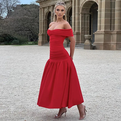 Elegant Backless Patchwork Long Red Sleeveless Bandeau Solid Pleated Wide Skirt Christmas Party Dress