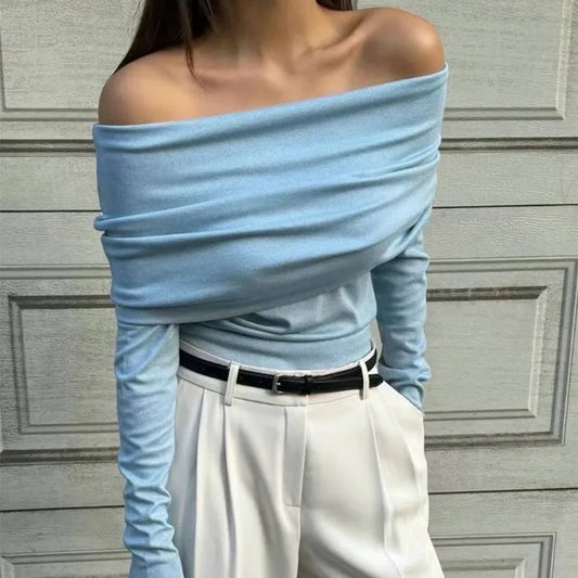 Off-Shoulder Slim Long Sleeve Pleated Sweater