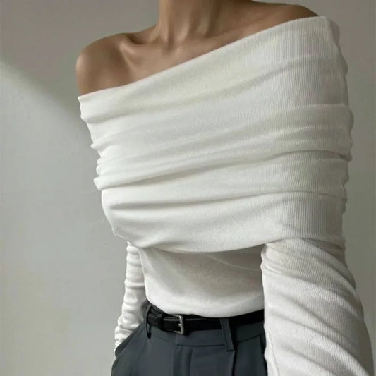 Off-Shoulder Slim Long Sleeve Pleated Sweater