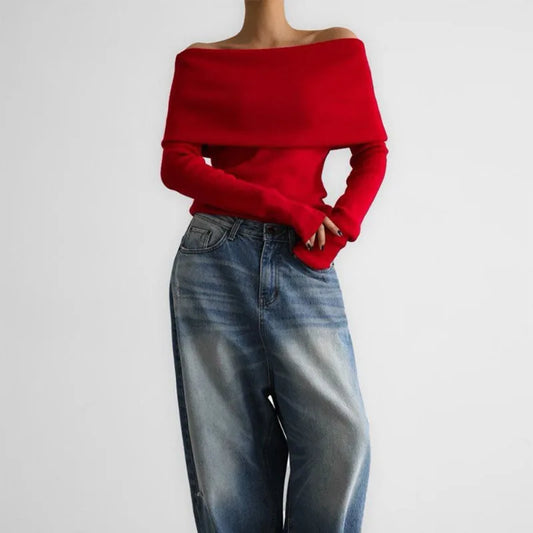 Off-Shoulder Solid Long Sleeve Knitted Sweater