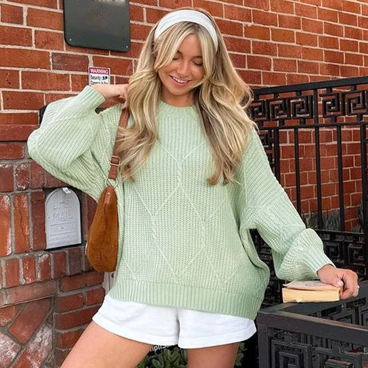 Solid O-Neck Ribbed Long Sleeve Sweater