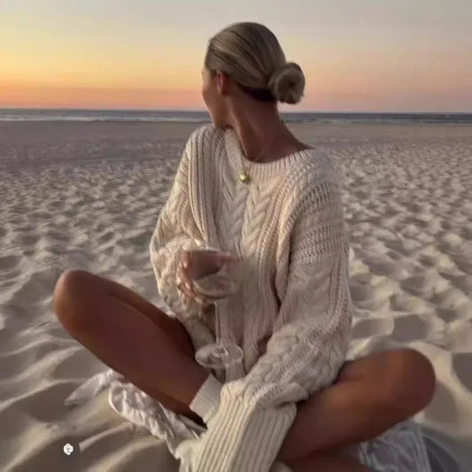 Off-Shoulder Solid Long Sleeve Knitted Sweater