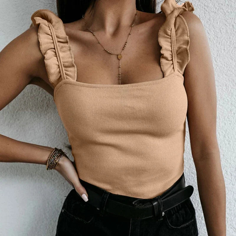 Women Collar Solid Knit Casual Basic Summer Ribbed Slim Ruffless Tank Top