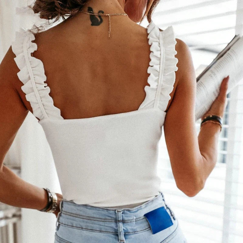 Women Collar Solid Knit Casual Basic Summer Ribbed Slim Ruffless Tank Top