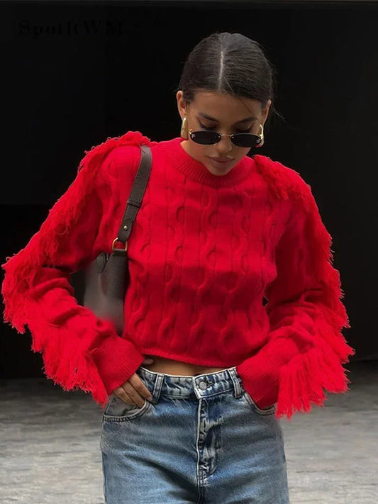 Fashion O-Neck Long Sleeve Patchwork Cropped Red Christmas Sweater