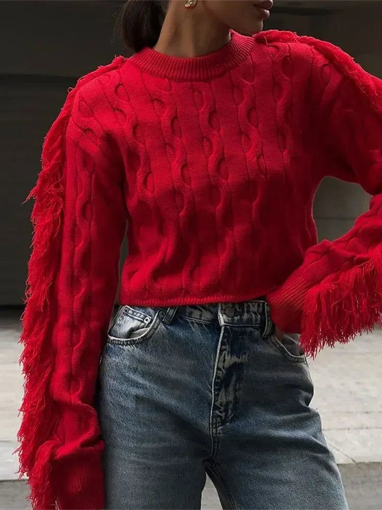 Fashion O-Neck Long Sleeve Patchwork Cropped Red Christmas Sweater