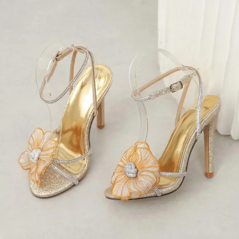 Rhinestone Embroidered Flower Slim Heel High Womens Sandals - Peep Toe Ankle Strap Wedding Banquet Shoes