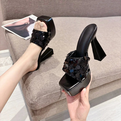 Temperamental Outdoors Slippers Womens Platform Shoes Peep Toe Bling Square Head High-Heel Club Party Shoes