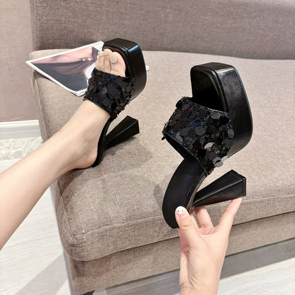 Temperamental Outdoors Slippers Womens Platform Shoes Peep Toe Bling Square Head High-Heel Club Party Shoes